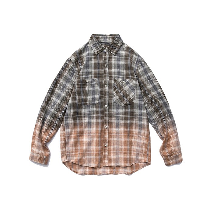 Cotton Dip Dye Flannel Plaid Checked Shirts Autumn 