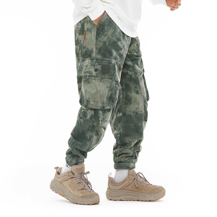 Hiphop Hippie Tie Dye Corduroy Trouser Cargo Pants With Big Pocket 