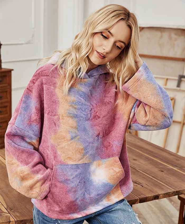 Oversized Tie Dyeing Blouse Hoodie With Hat For Lady