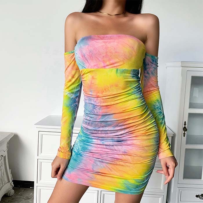 Sexy Pleated Skirt Tie Dye One-Piece Dress Party Club Wear For Women