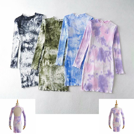 Tie Dye Ruffle Neck Long Sleeve Backless Keyhole Dress Manufacturer Tie Dye Ruffle Neck Long Sleeve Backless Keyhole Dress Manufacturer